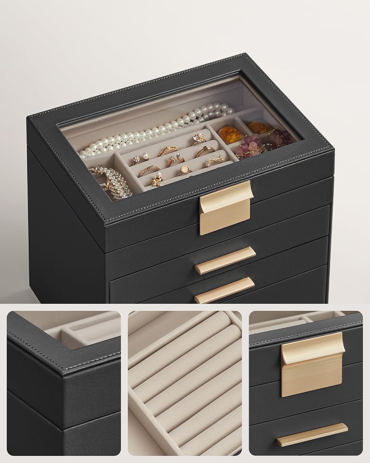 Detalle de SONGMICS JBC171B01 Gisella 6-tier jewellery box with glass lid and velvet lining