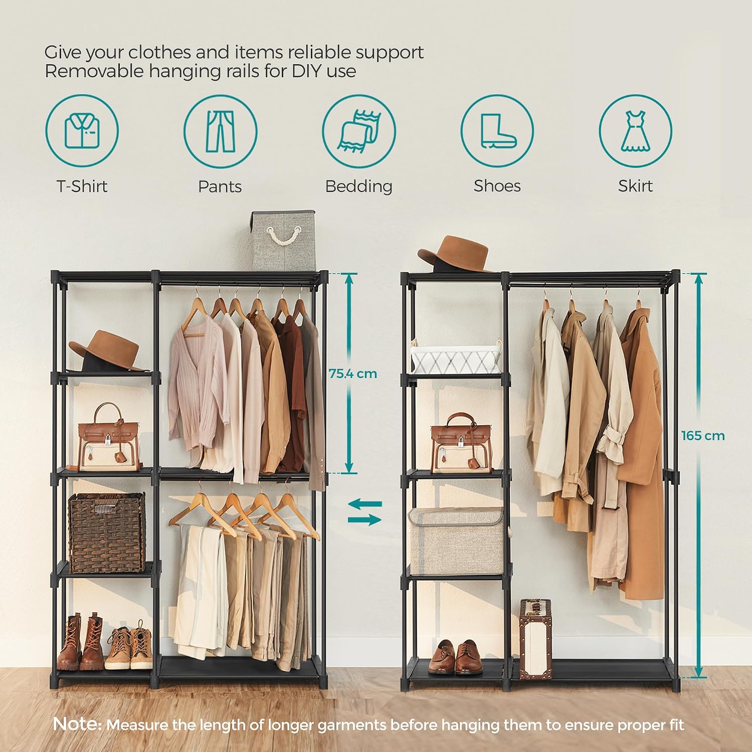Detalle 2 de SONGMICS RYG24BK Fabric Wardrobe, 112 x 43 x 165 cm, 2 Hanging Rails