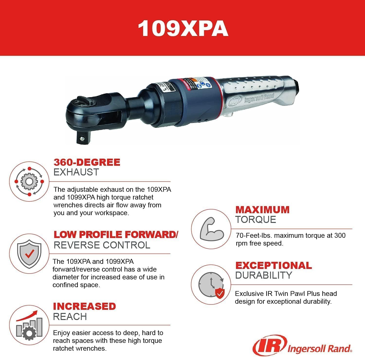 Detalle de Ingersoll-Rand Clé à Rochet Pneumatique 109XPA 3/8" — 103 Nm,Échappement 360°, Twin Pawl Plus