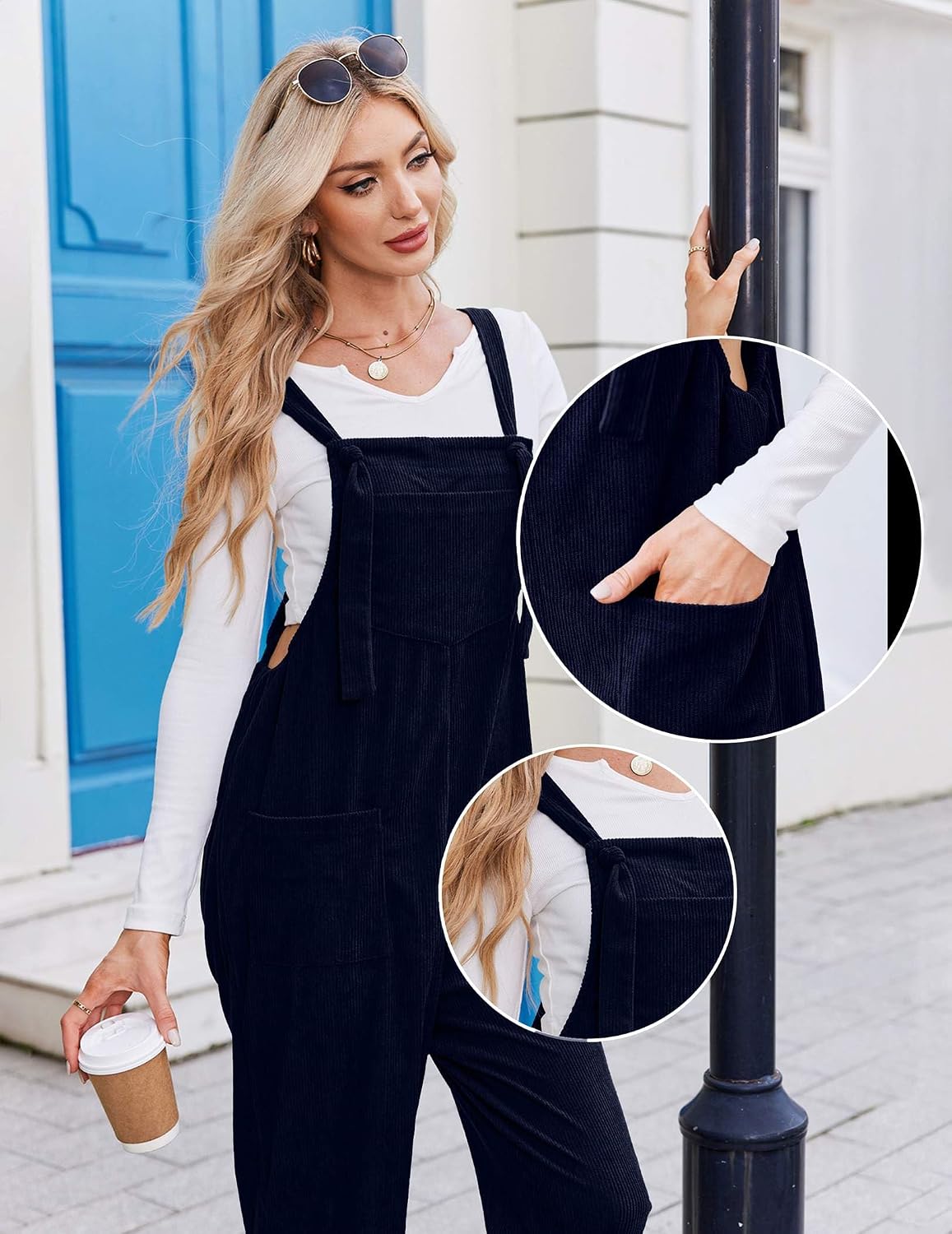Detalle de Ekouaer Casual Corduroy Overalls for Women, Adjustable Straps, Ankle-Length Fit