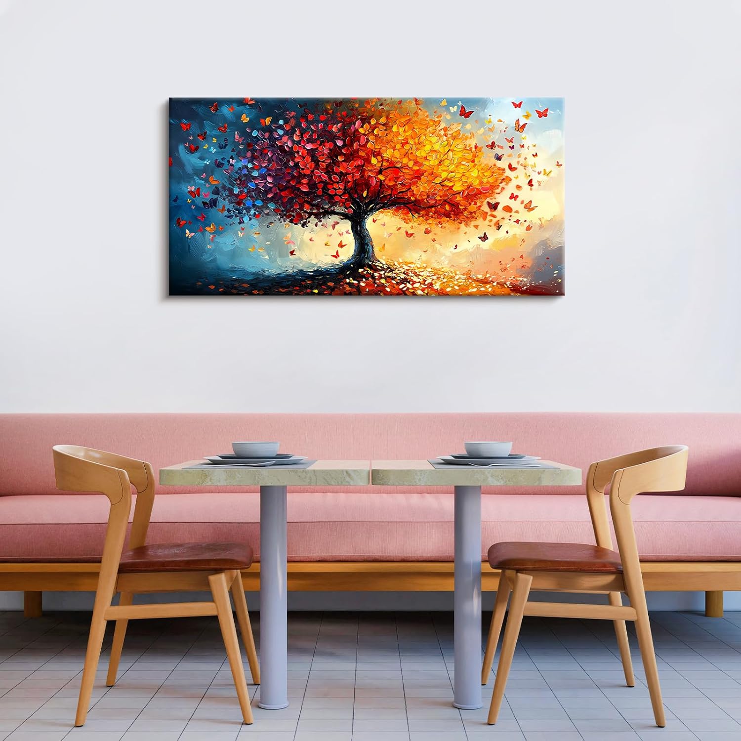 Thumbnail 2 de FajerminArt Orange Rot Baum des Lebens Groß (100×50 cm) mit Rahmen – Leinwandbild zum Aufhängen