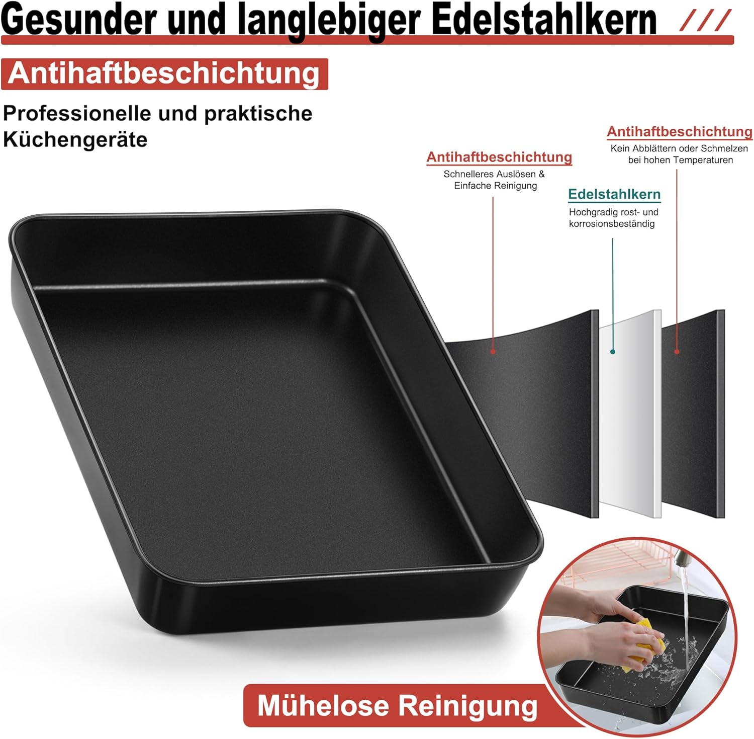 Detalle de HaWare Antihaft Backblech aus Edelstahl – tiefes Rechteck-Backblech 31,6 × 24,6 × 5 cm für Brownies, Lasagne und Aufläufe
