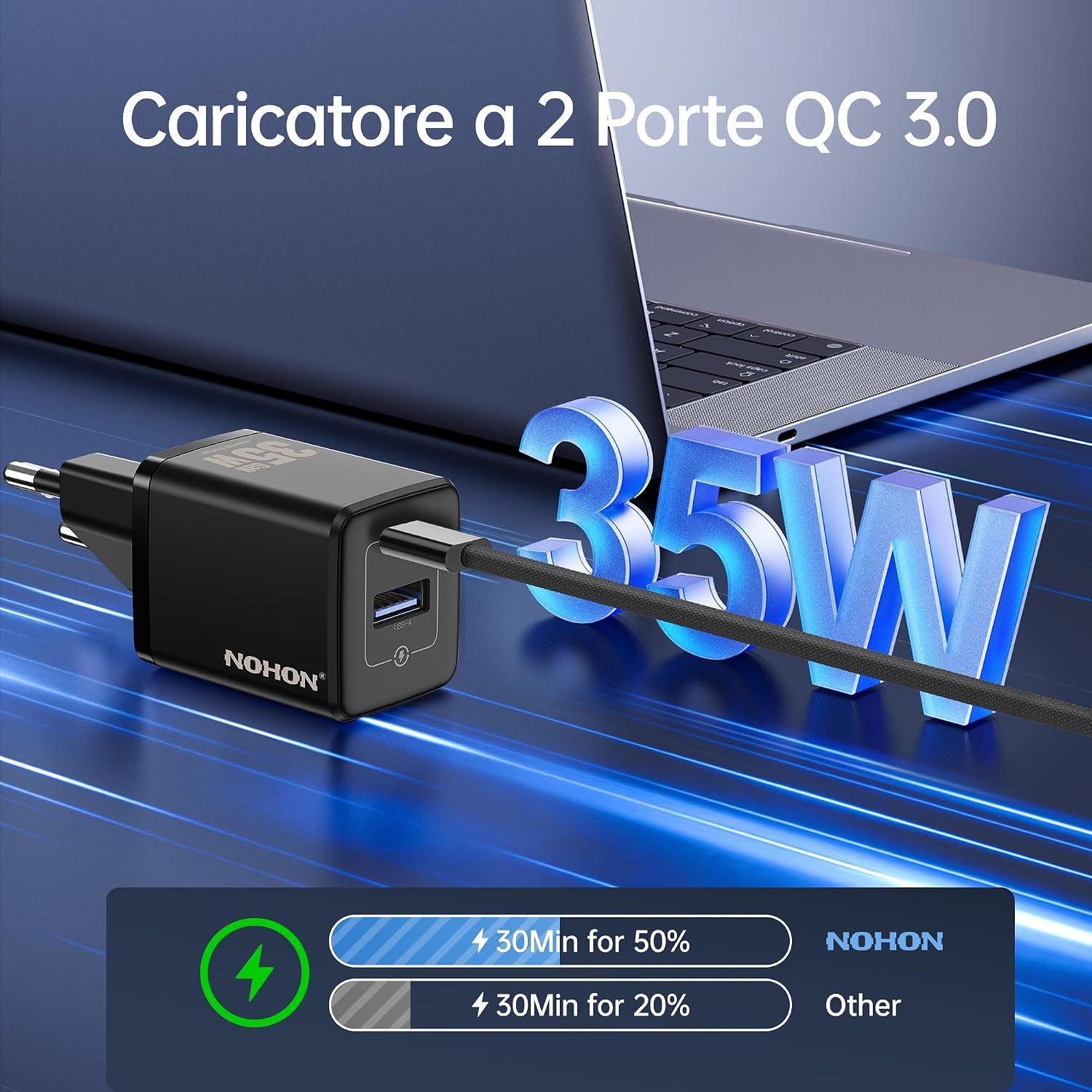 Detalle 2 de NOHON Caricatore USB-C 35W GaN con doppia porta (USB-C + USB-A) e cavo 1 m, PD 3.0