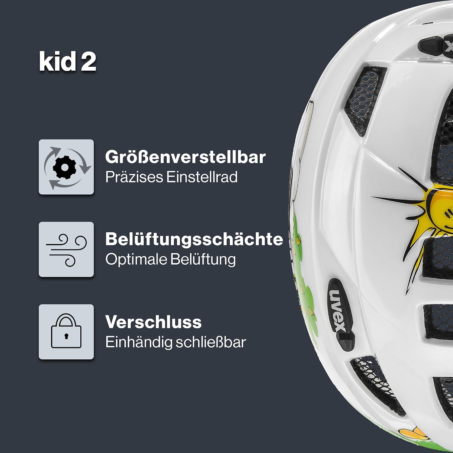 Detalle de uvex Kid 2 – Leichter Kinder-Fahrradhelm mit IAS-Verstellung, waschbarer Innenausstattung und sicherem Tragekomfort