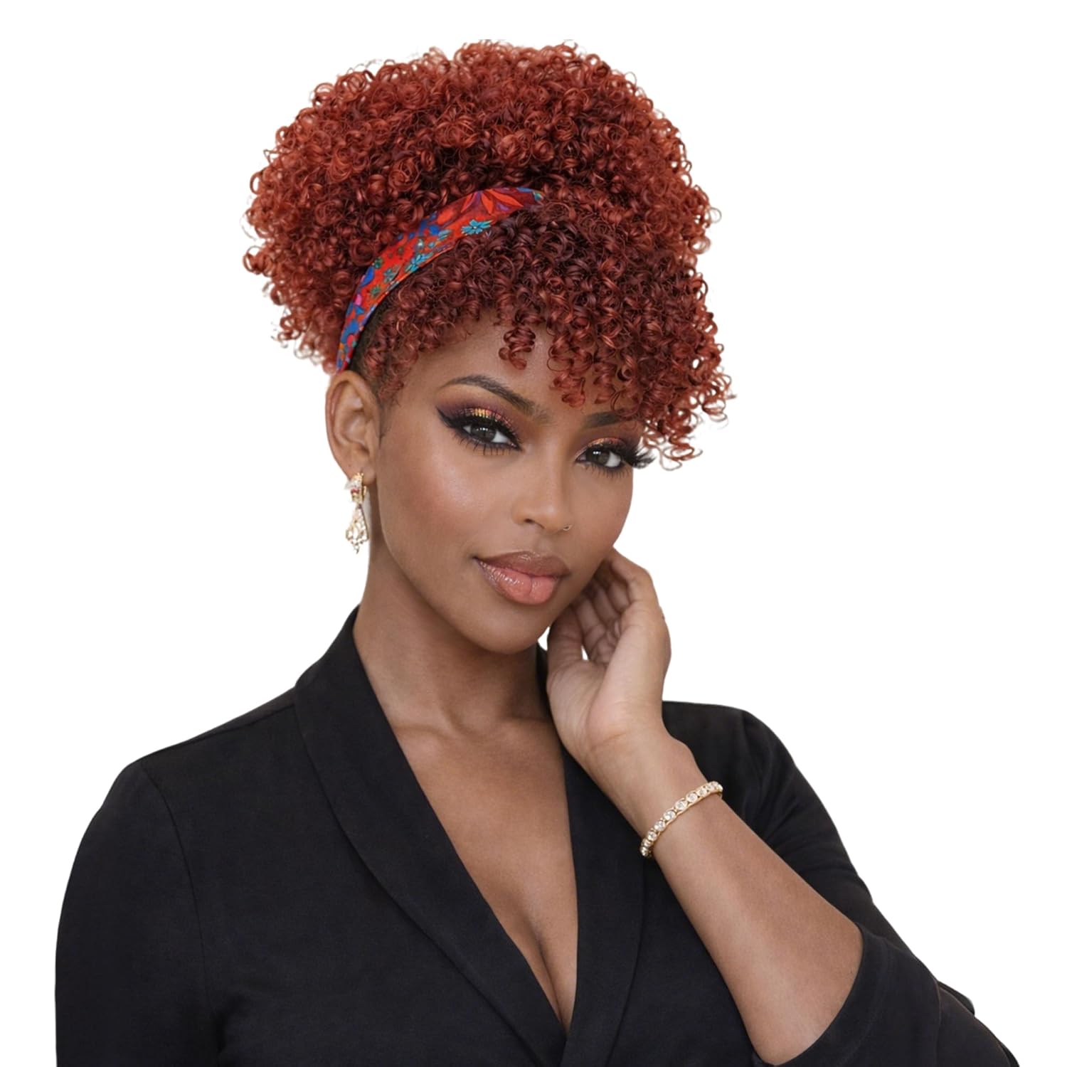 Thumbnail 6 de Builson Drawstring Ponytail for Black Women (Afro Puff Kinky Curly) with Bangs, Natural Black/Blond (T27)