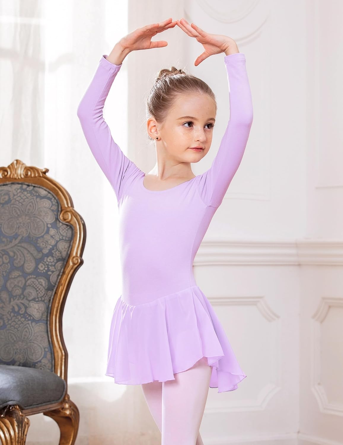 Detalle de Justaucorps de danse Beyove en coton avec dos nu et jupe tutu, manches longues (2 à 10 ans)