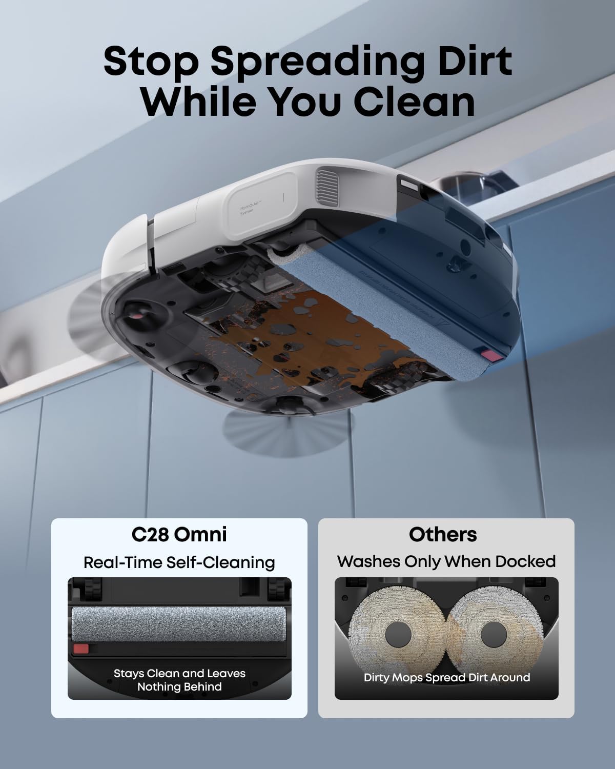 Detalle de eufy C28 robotdammsugare med HydroJet-rullmopp, 15 000 Pa och 5-i-1-station