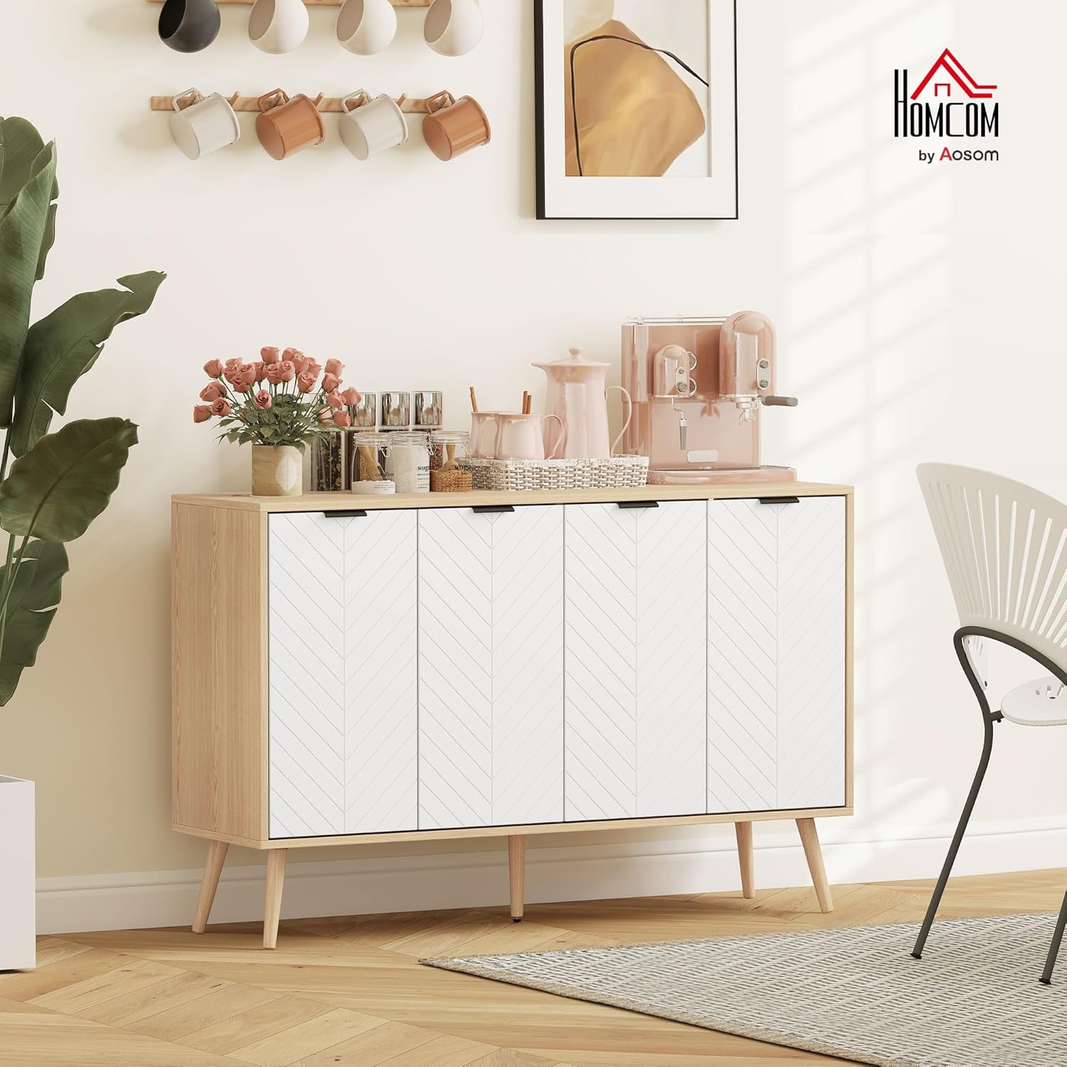 Thumbnail 1 de HOMCOM Buffet Salon avec 4 portes et étagère réglable (120 x 35 x 77,4 cm) blanc et bois naturel