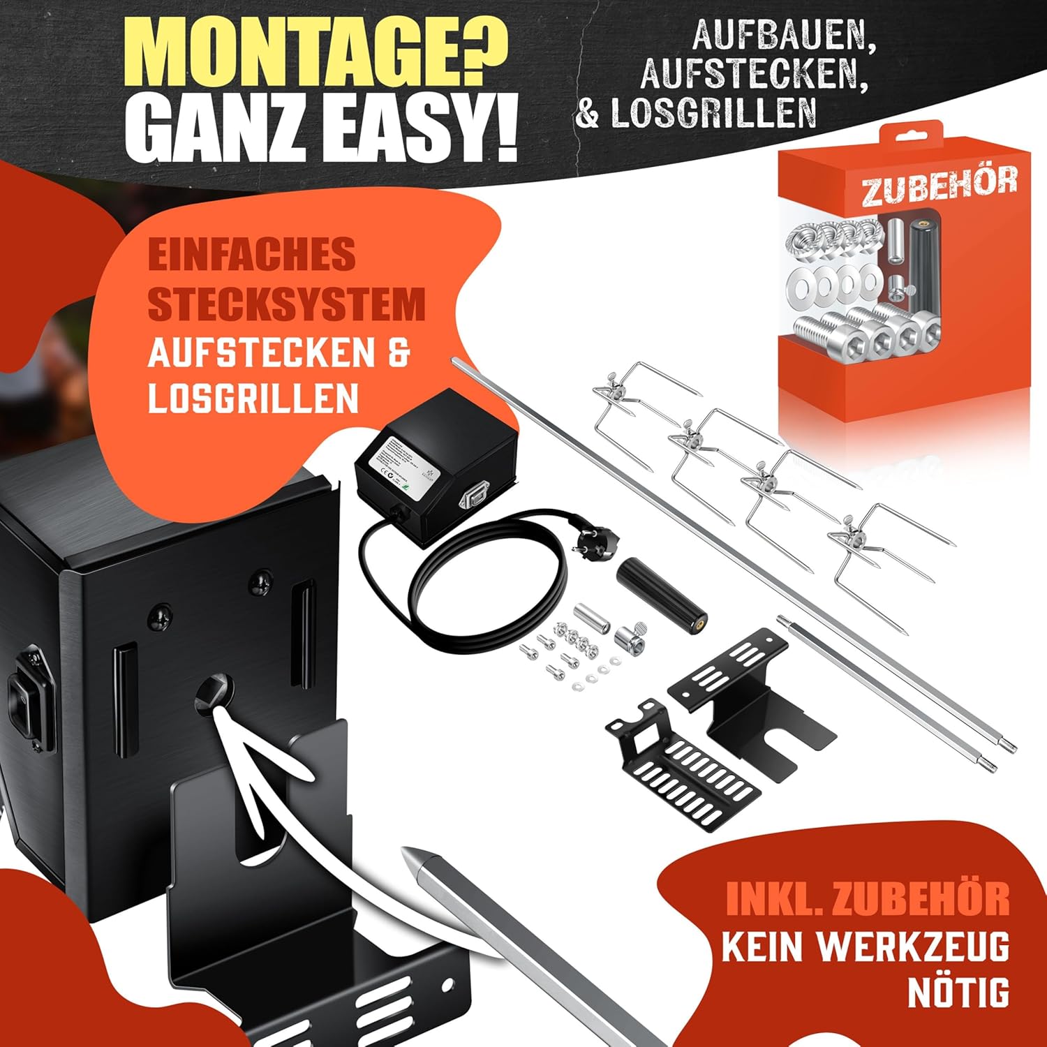 Detalle 2 de KESSER Edelstahl Grillspieß Set 107 cm – Drehspieß für Weber Spirit Gasgrill, inkl. 4 Fleischspieße, Motor 220–240V & Montagezubehör
