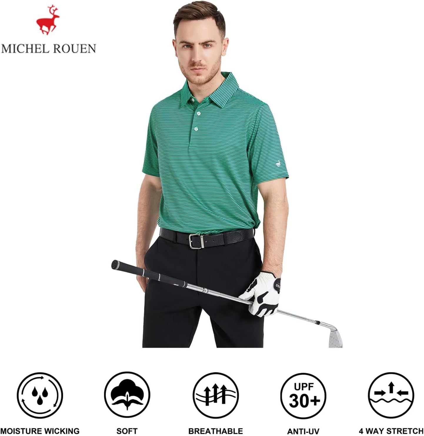 Thumbnail 4 de MICHEL ROUEN Men’s Striped Golf Polo Shirt (Moisture Wicking Dry Fit, UPF 30+)