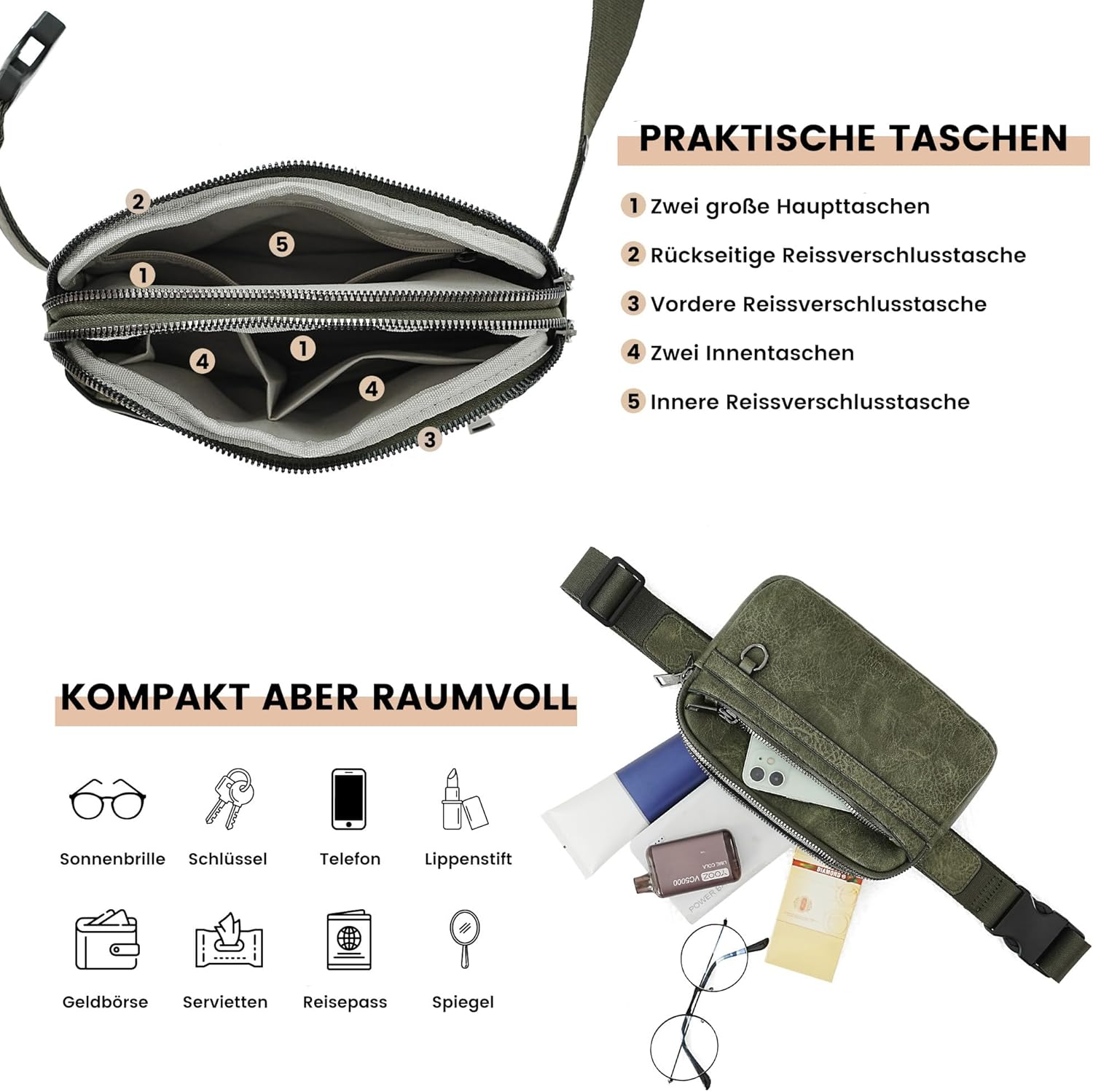 Thumbnail 4 de TANTOMI Umhängetasche Damen: elegante Bauchtasche/Gürteltasche mit verstellbarem Riemen