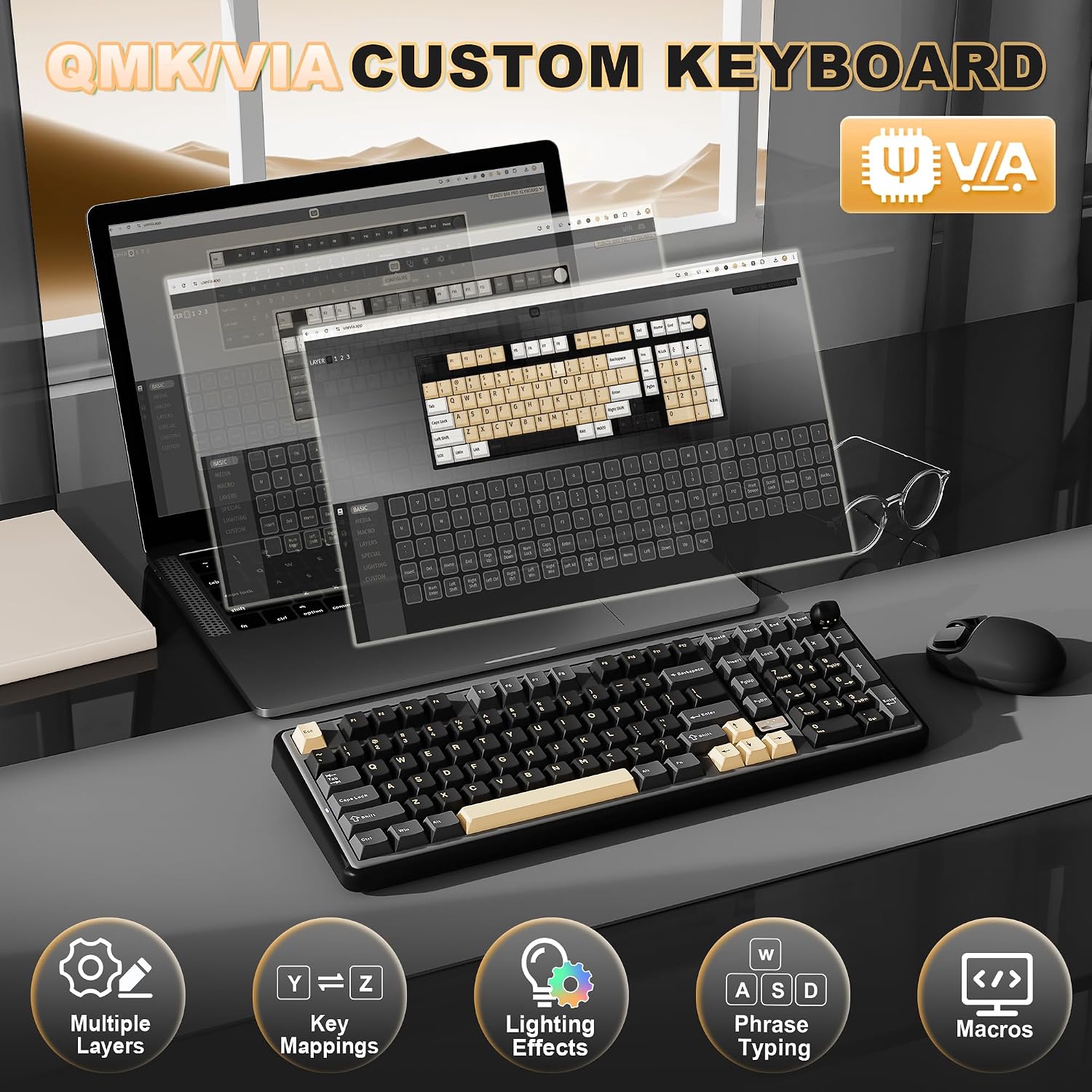 Detalle de YUNZII B98 PRO QMK/VIA Wireless Mechanical Gaming Keyboard: 96% Layout with Numpad, Dual-Style Cat/Metal Knob and Hot-Swappable GPIO