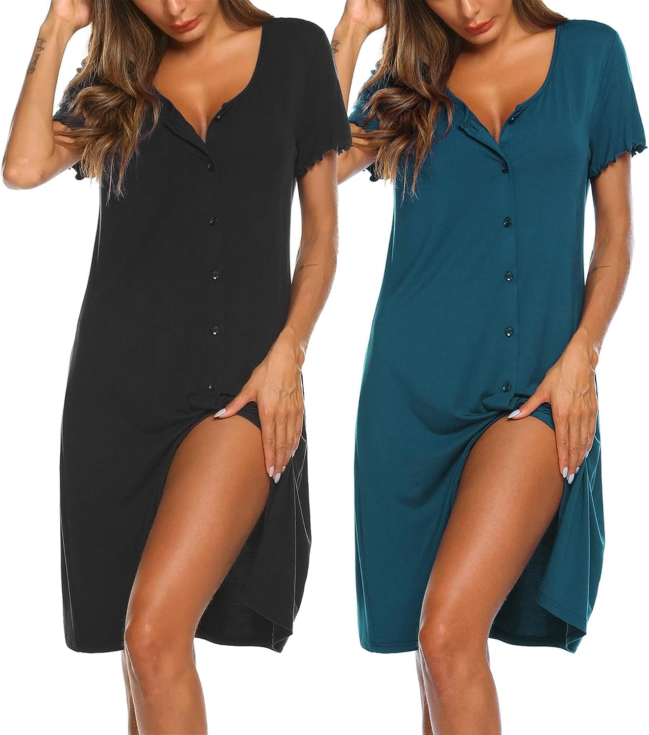 Ekouaer 2er Nachthemd Damen Kurzarm Knöpfen – Schlafshirt mit Knopfleiste, S–XXL