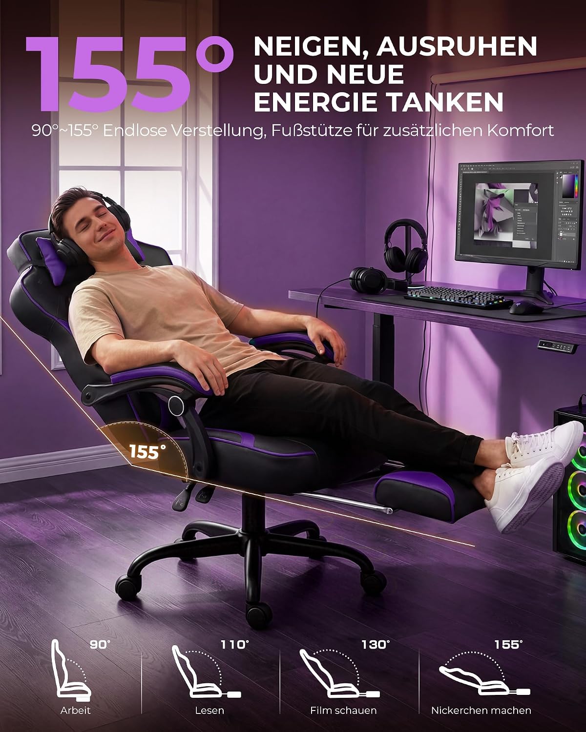 Thumbnail 6 de GTPLAYER Gaming Stuhl mit Fußstütze – Ergonomischer 180 kg Schwerlast-Gaming-Sessel mit Lendenwirbelstütze, Kopfstütze und verstellbarer Fußstütze