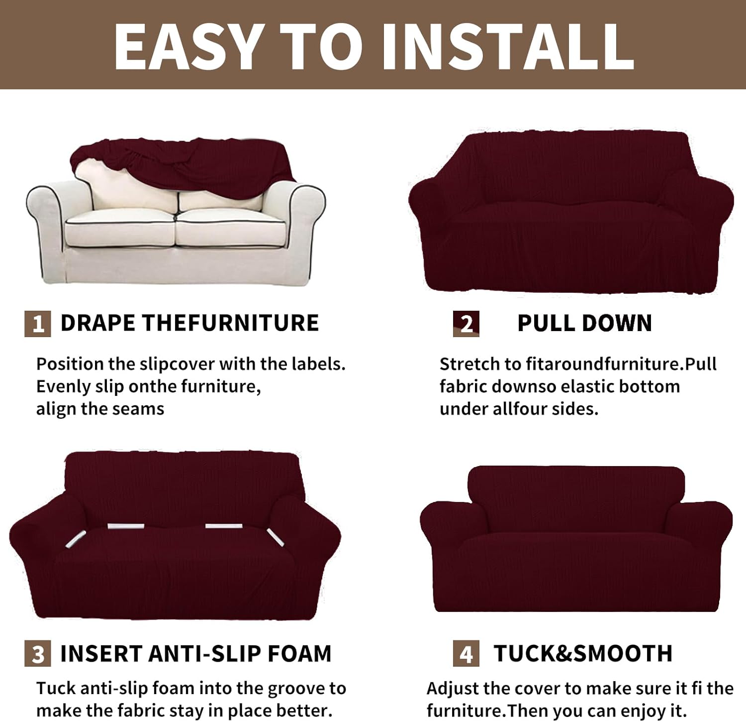 Thumbnail 6 de Ystyle Housse de canapé 2 places extensible bordeaux (139-175 cm) avec accoudoirs, antidérapante et lavable