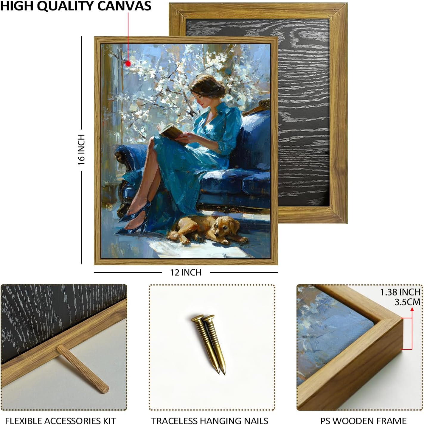 Thumbnail 2 de AREBOLO Vintage Framed Canvas Wall Art – Elegant Woman Reading Print, 12x16 inch