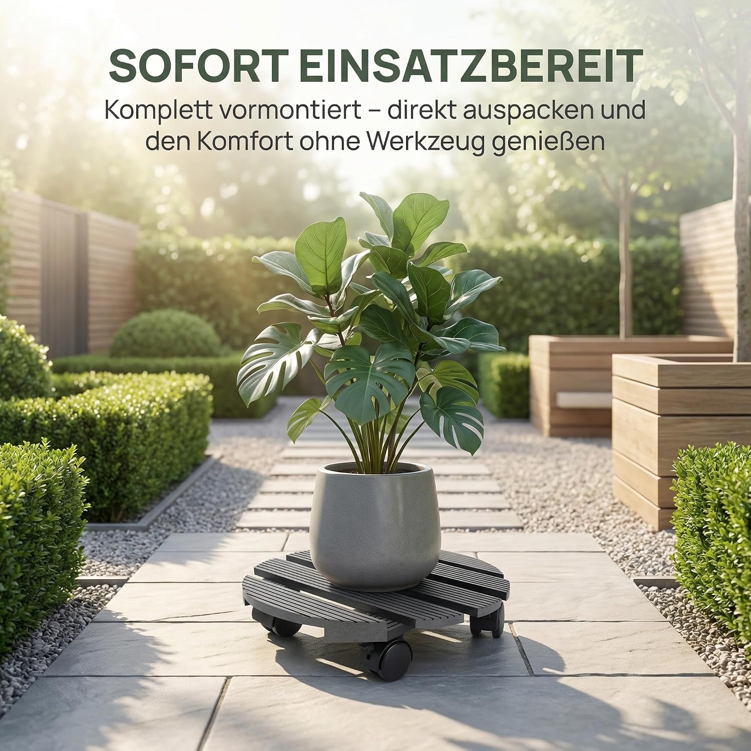 Detalle 2 de Suusolny suu08611 WPC-plantenroller, vierkant 30 x 30 cm met 360°-wielen en rem