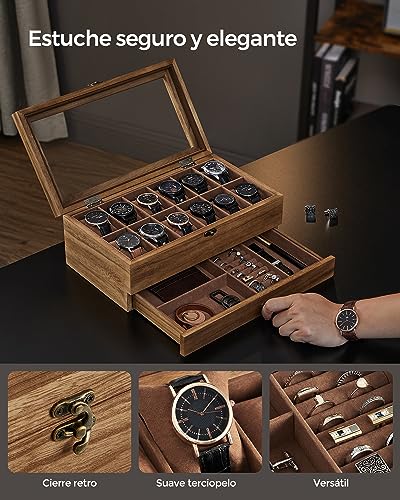 Detalle de SONGMICS Caja de Relojes con 12 Ranuras JOW012K01 – Estuche de Madera de Dos Niveles con Tapa de Cristal