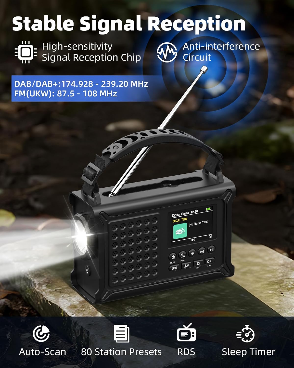 Detalle de 12000mAh Kurbelradio von Roxicosly – DAB+/UKW, Bluetooth 5.0, Solarpanel & Notfall-Dynamo