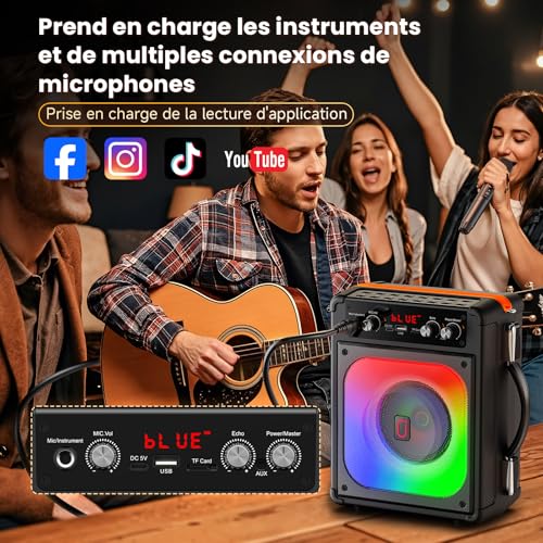 Detalle de HWWR Enceinte Karaoke 2 Micro sans Fil 60W – Système tout-en-un avec LEDs, TWS et autonomie longue