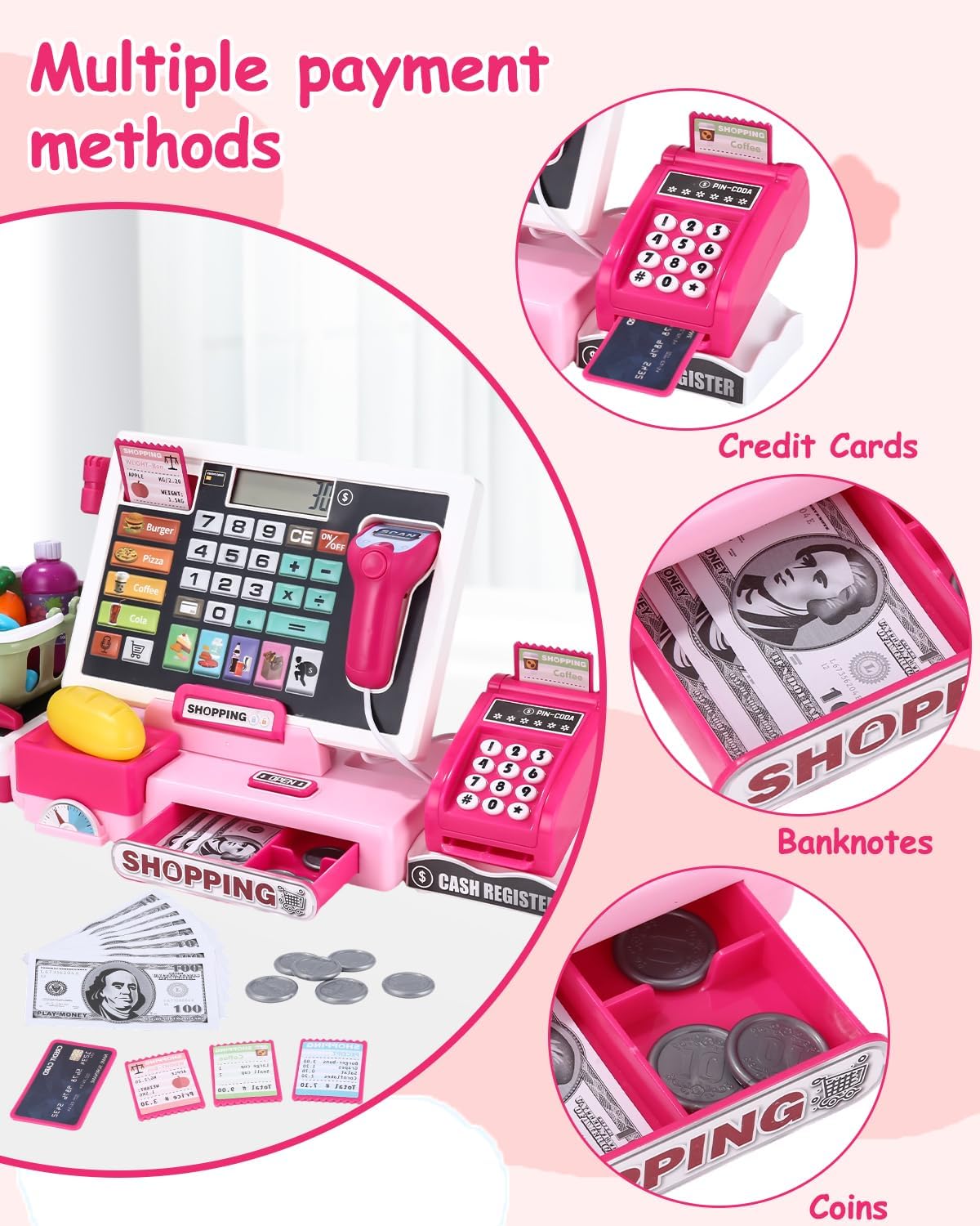 Detalle de heuchaey 818-398M speelgoedkassa, roze met rekenmachine en scanner