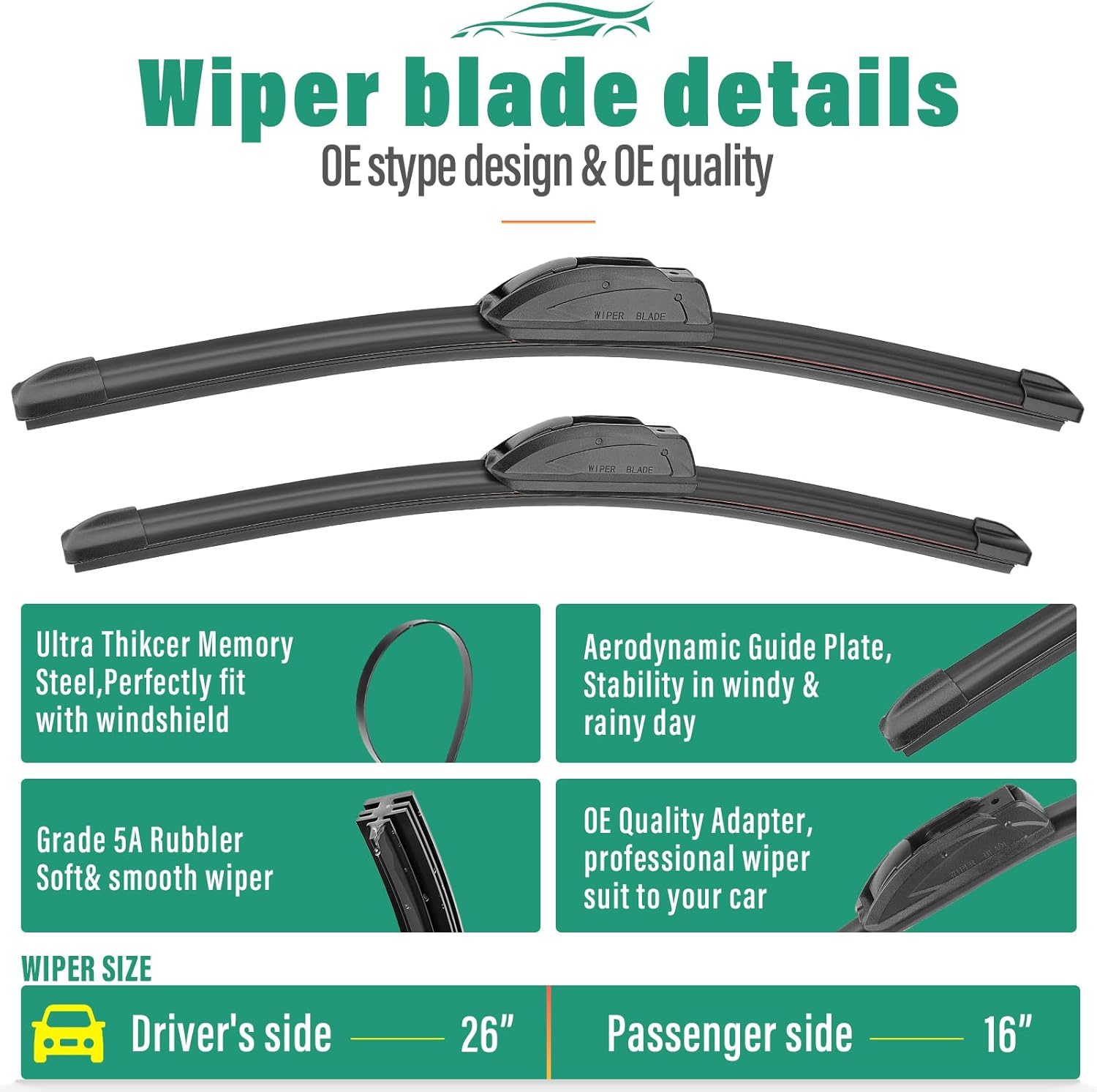 Thumbnail 2 de OEM-Style Replacement Wiper Blades (3-Pack) for Mazda CX-30 (2020-2025) — Front 26" + 16" and Rear 14