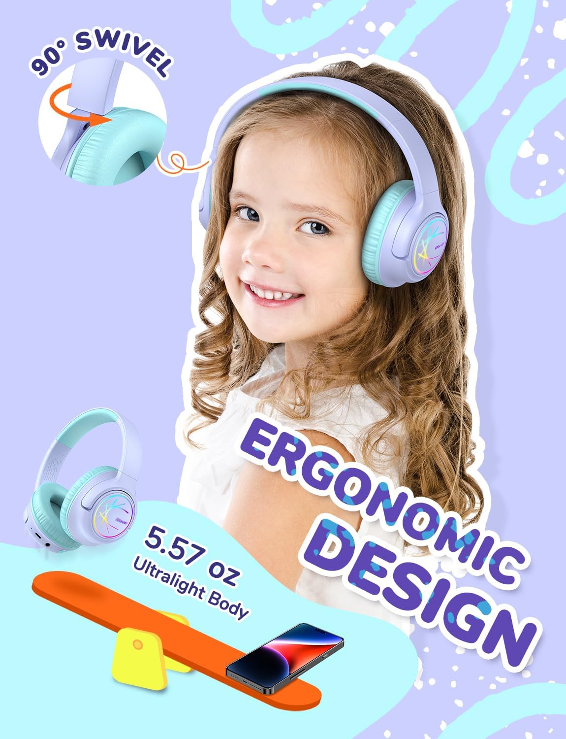Detalle de iClever Kinder Bluetooth-Kopfhörer mit LED-Leuchten – 43 Stunden Spielzeit, Bluetooth 5.3, Typ-C & AUX