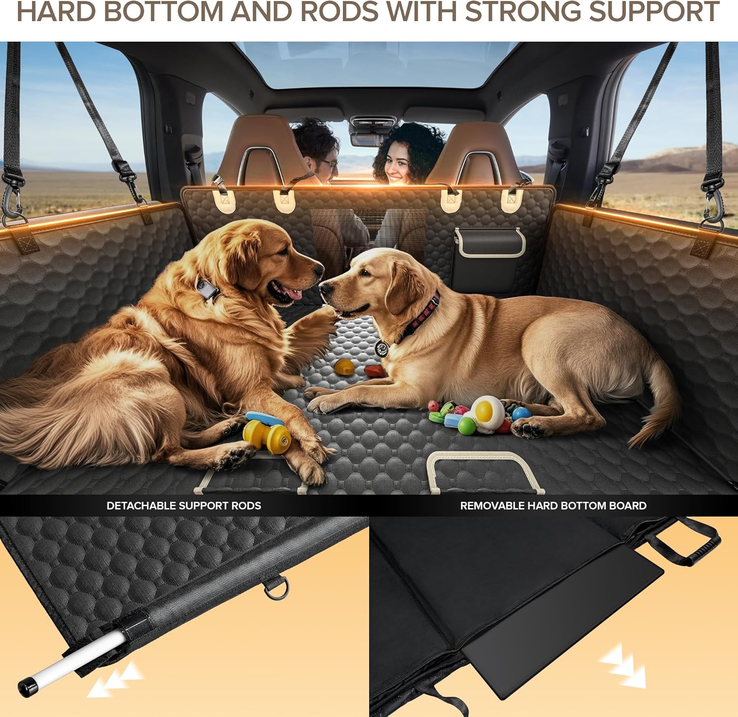Detalle de SHARLOVY Back Seat Extender for Dogs: Heavy-Duty Car Seat Cover with Hard Bottom and 3-rod Safety Frame