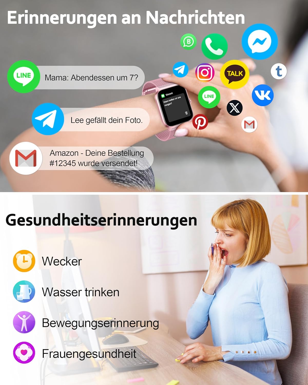 Detalle de Popglory Smartwatch mit Telefonfunktion für Damen & Herren – 1,85" HD Display, Fitnessuhr mit Blutdruck, SpO2 & mehr