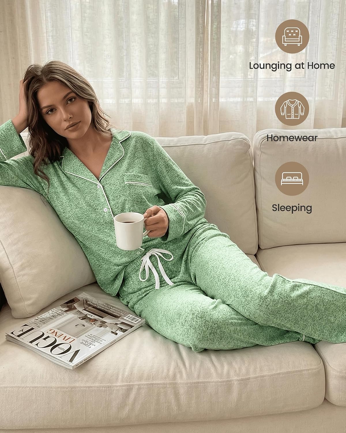 Thumbnail 3 de PJGGZ Women's Long-Sleeve Pajama Set with Button-Down Top and Pocketed Pants