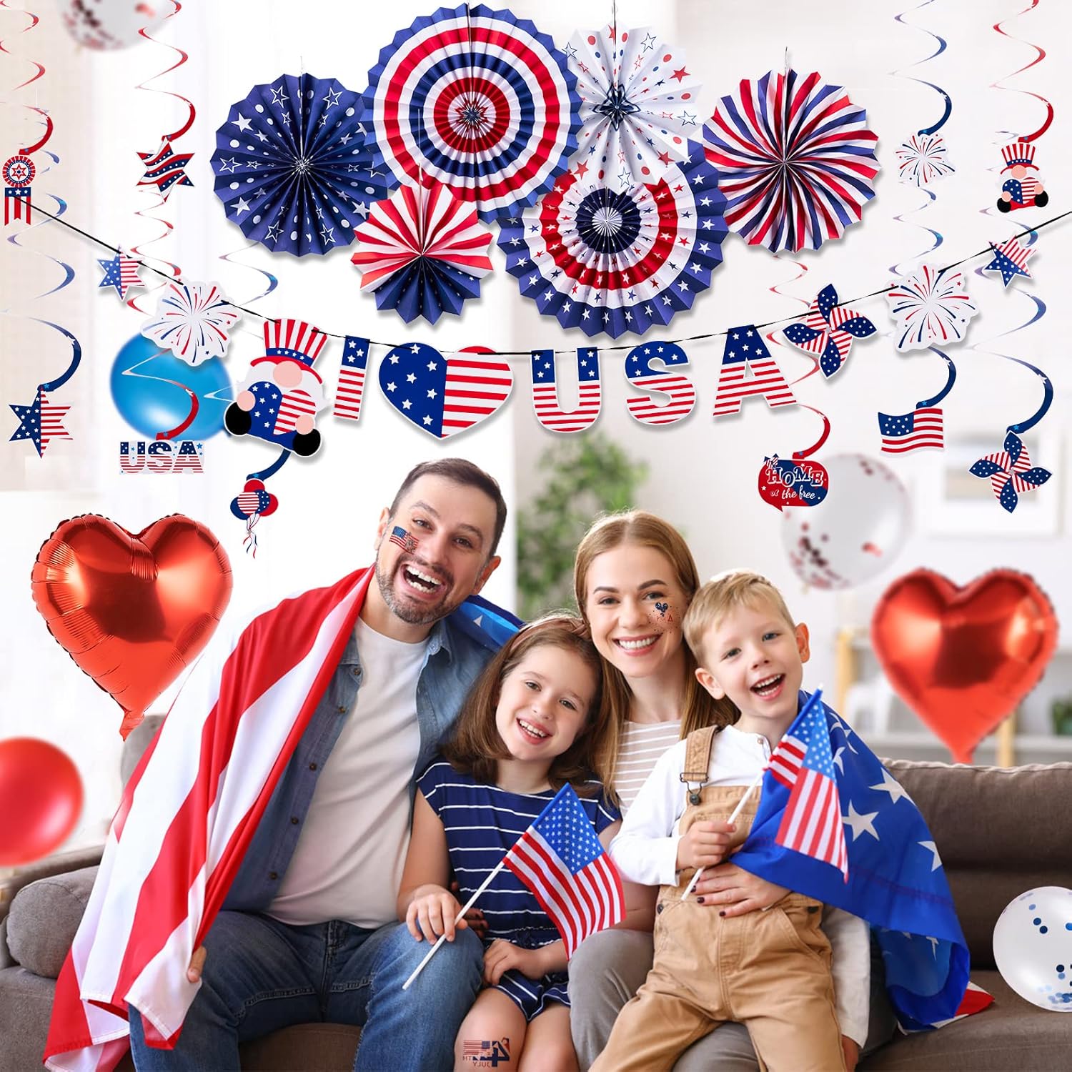 Detalle de SUNBEAUTY Unabhängigkeitstag Party Dekoration Set – 4. Juli USA Deko mit Flaggen, Luftballons, Papierfächern, Girlande und Tattoo-Aufklebern