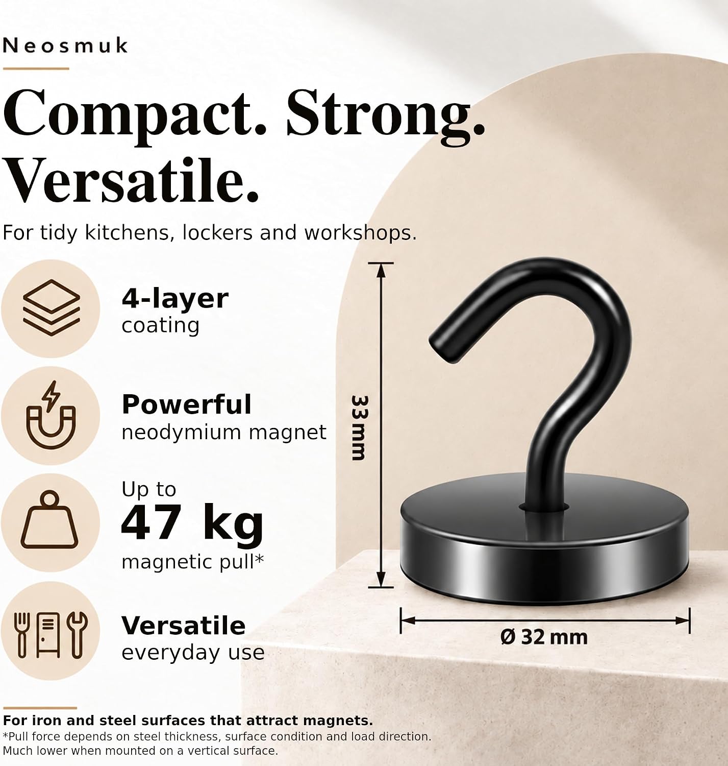 Detalle de Neosmuk Steel Tube Magnetic Hooks, Black 6-Pack for Metal Surfaces