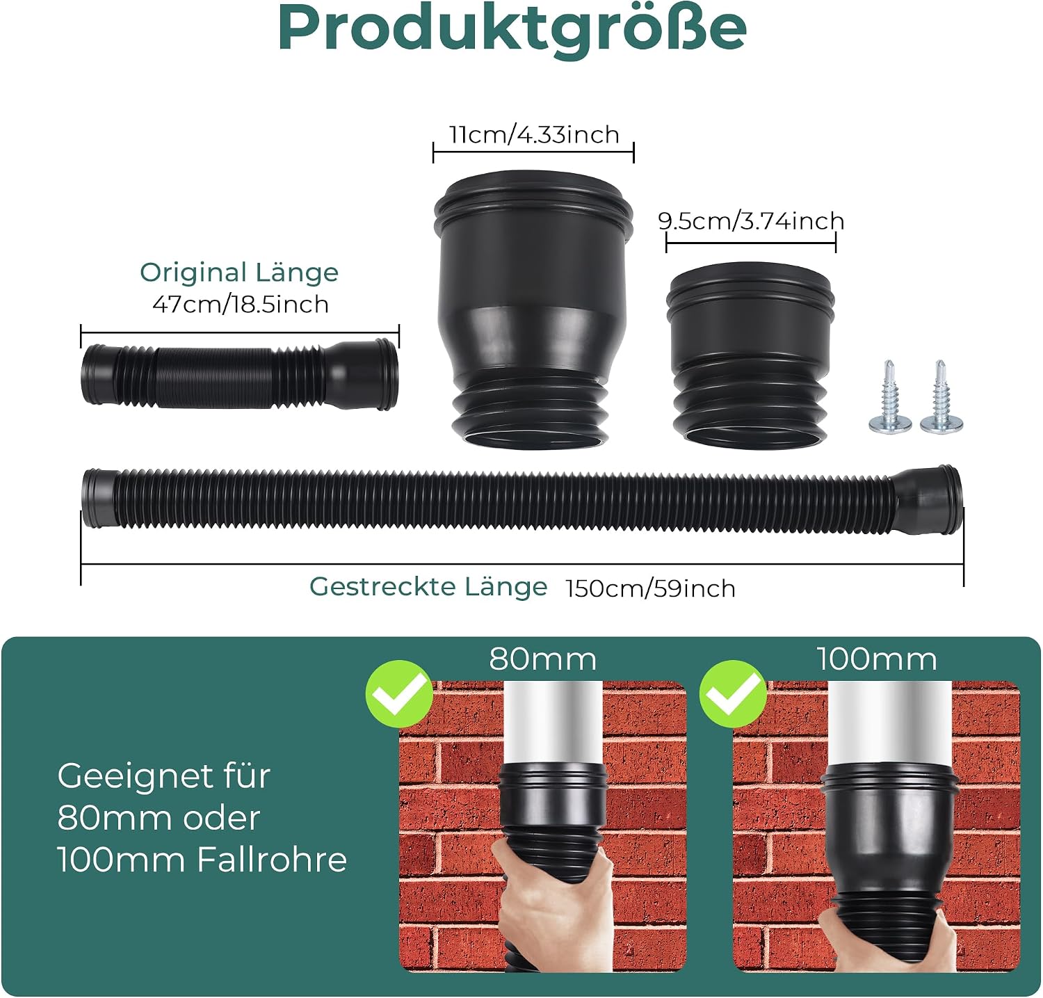 Detalle 1 de BKITC flexibel stuprörsförlängning 47–150 cm med adaptrar för 80/100 mm