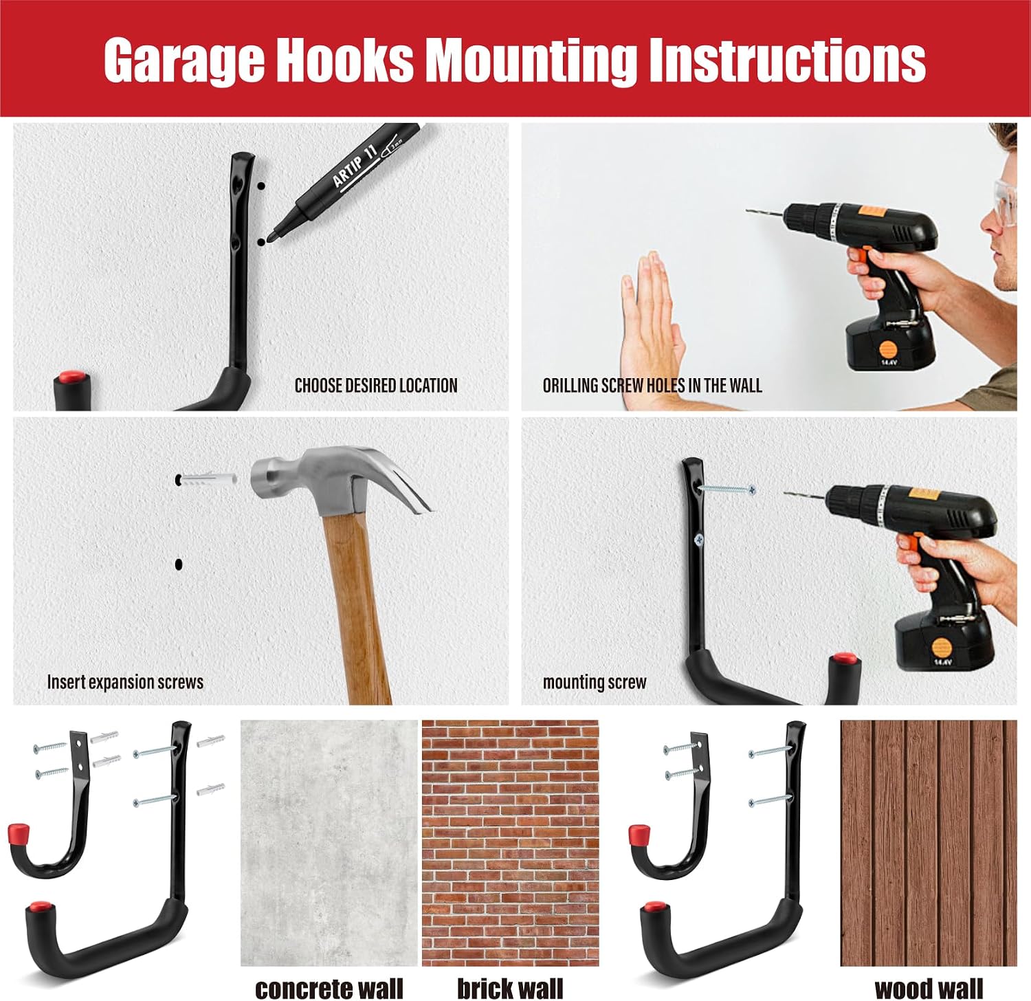 Thumbnail 6 de Sinoer Garage-Wandhaken-Set mit Schwerlast- und Mittelhaken (12 Stück) für Leiter, Fahrräder & mehr