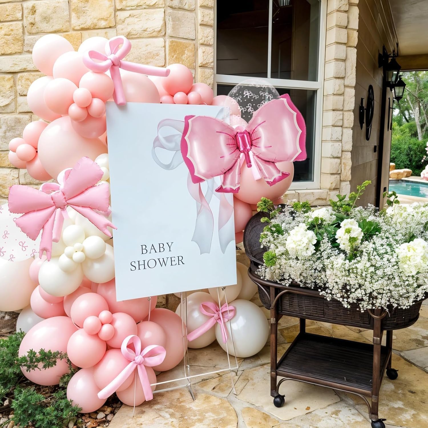 Detalle de Bow Balloons 35-Piece Light Baby Pink, White & Clear Pastel Balloon Set with Bow Foil Balloon and Ribbon