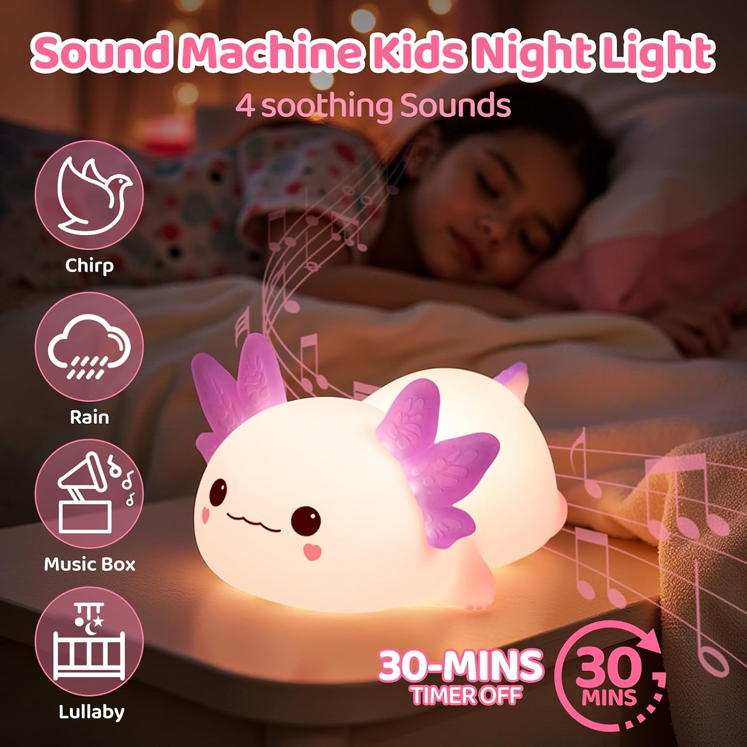 Detalle de MeWaii Axolotl Lampe Veilleuse en silicone tactile rechargeable (3 niveaux, 4 sons apaisants)