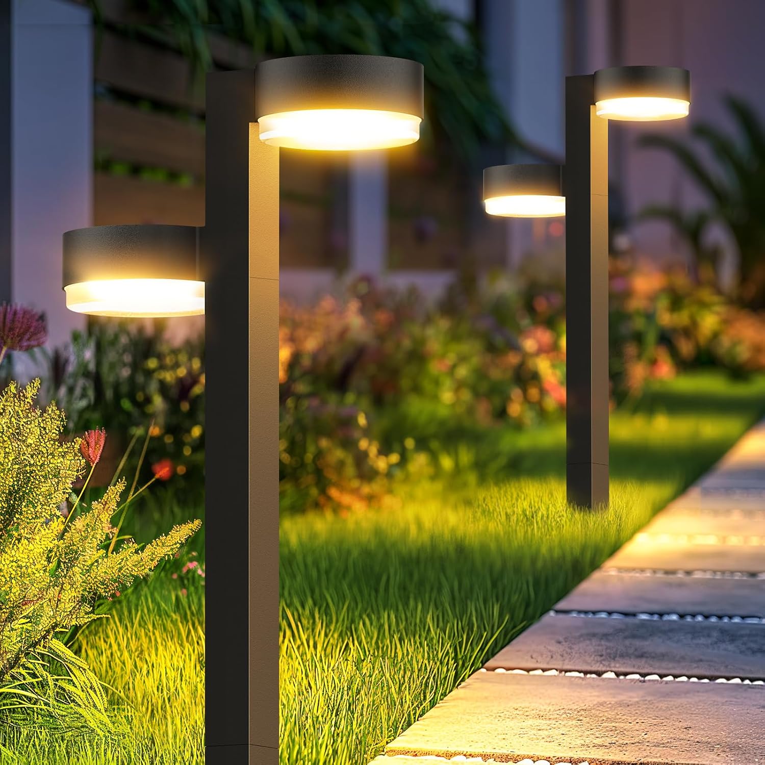 Detalle de GEARLITE Solarlampen für Außen Garten 4er-Set mit 2 Lichtköpfen, 24 LED und Auto On/Off (IP65)