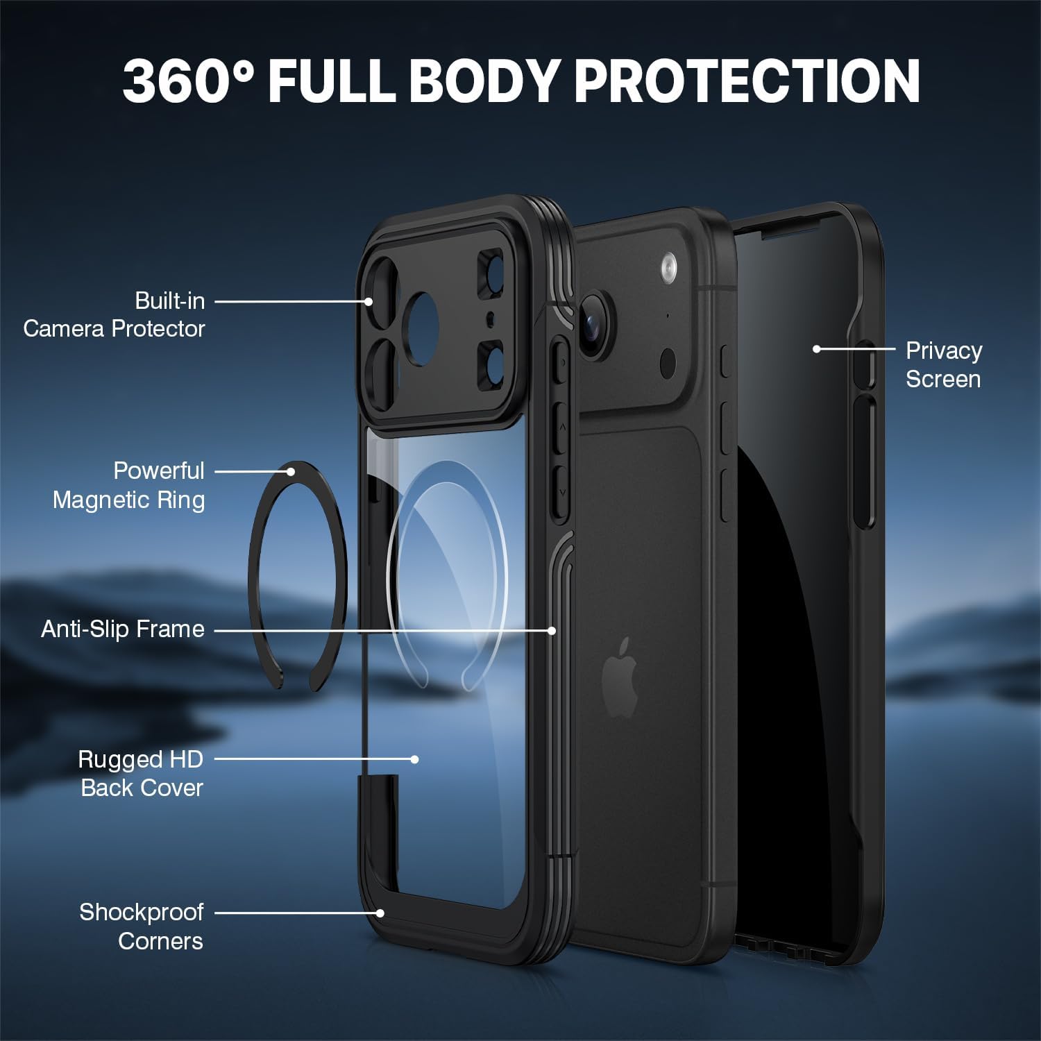 Detalle de CENHUFO 18promax-black Privacy Case for iPhone 17/18 Pro Max with MagSafe