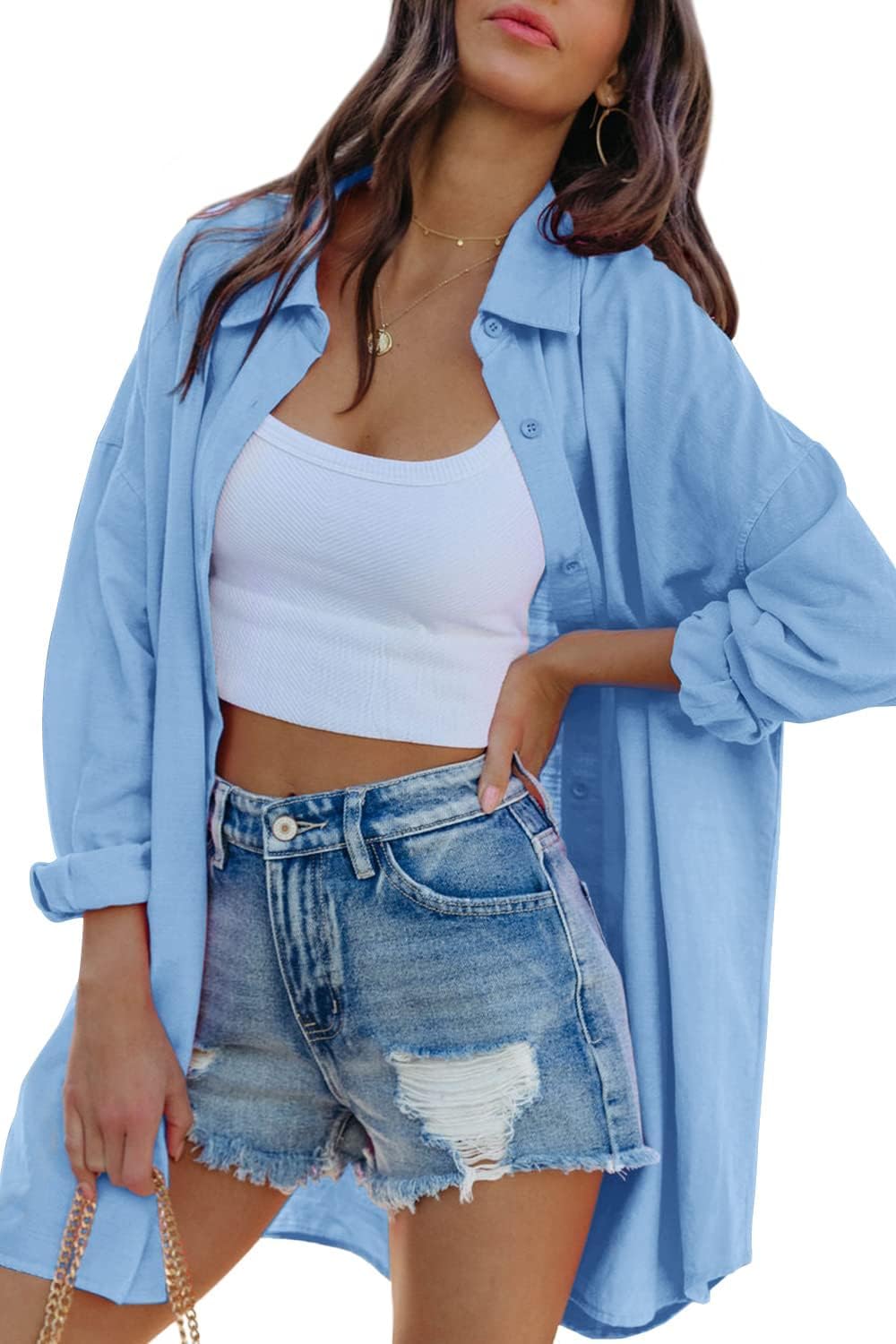 Thumbnail 1 de Cicy Bell Damen-Übersize-Button-Down-Bluse mit Tasche und Langarm
