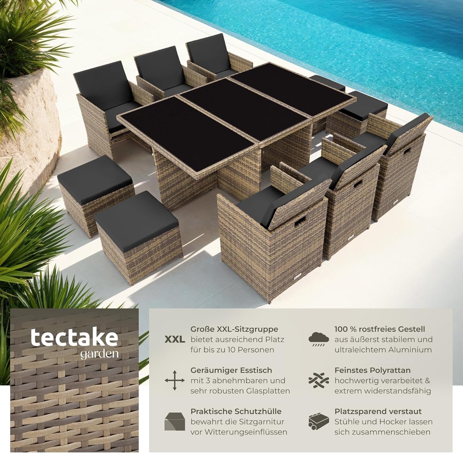 Detalle 2 de tectake® Polyrattan Gartenmöbel Set: Lounge-Set mit 6 Stühlen, Glas-Tischplatte und 4 Hockern – klappbar, Aluminium-Gestell, inkl. 2 Bezugssets (Natur)