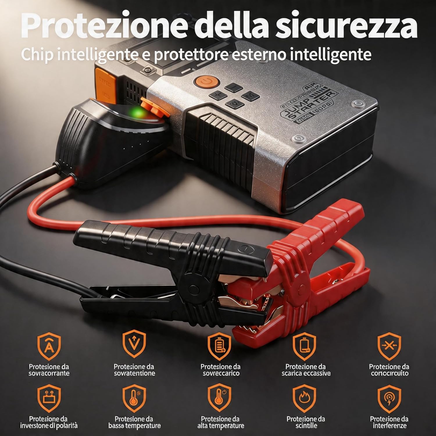 Detalle de Avviatore Batteria Auto 6000A con Compressore 160 PSI – Booster Portatile per 12V (gas/diesel) con LCD e USB