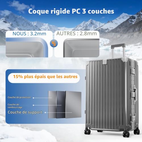 Detalle de ALPHA CAMP Valise Grand Taille XL 76x49x30 cm — coque rigide aluminium/polycarbonate, 98L, TSA