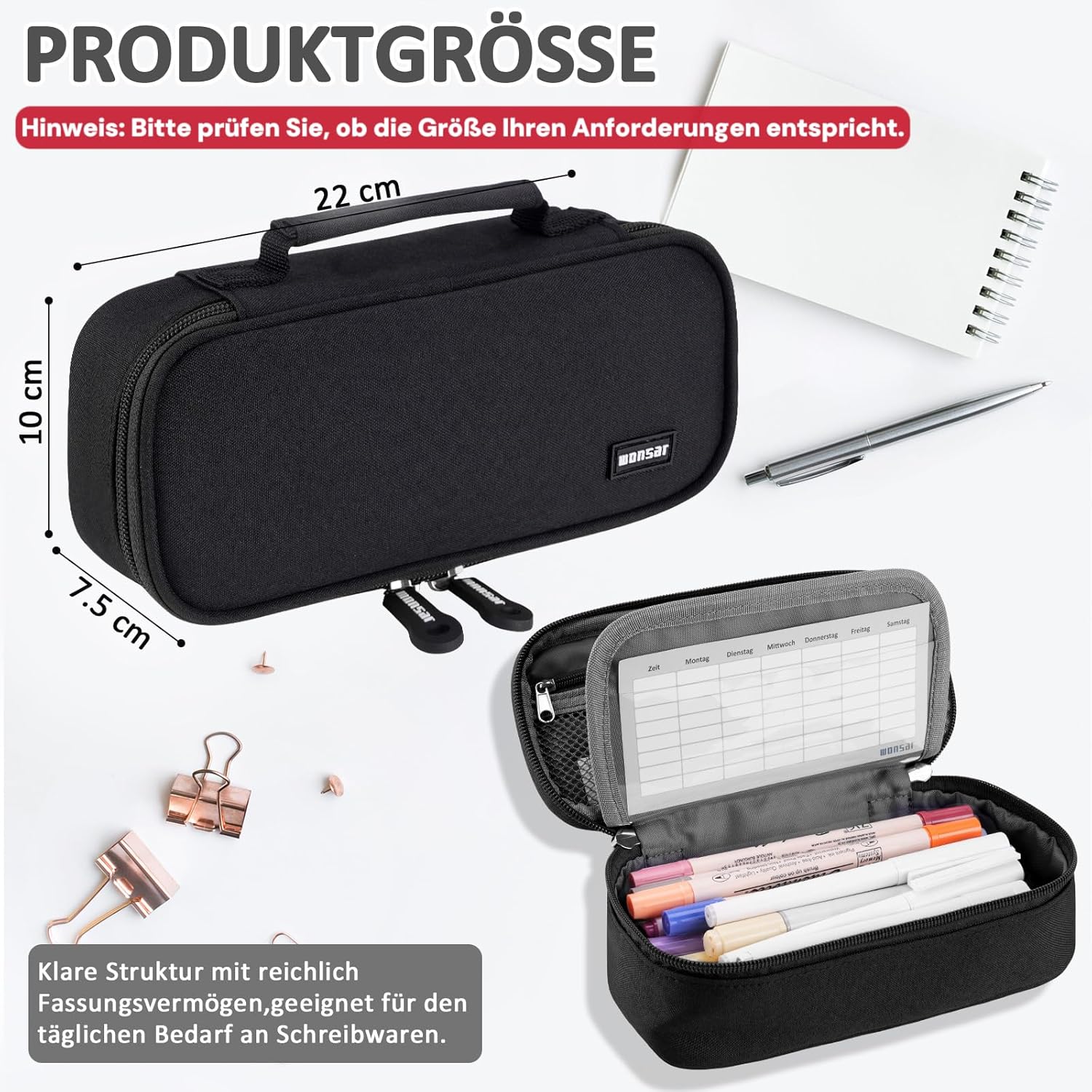 Thumbnail 1 de wonsar Federmäppchen Mäppchen (22 × 10 × 7,5 cm) mit 4 Fächern – für Schule, Büro & Reisen