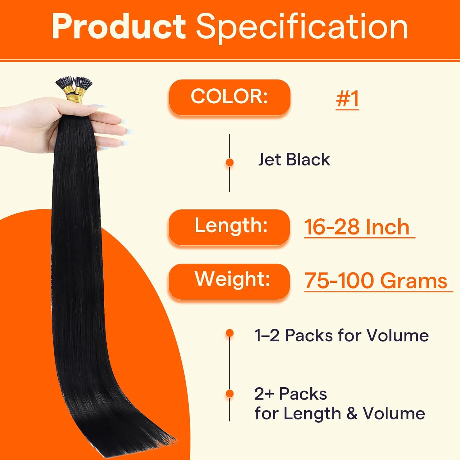 Thumbnail 3 de Full Shine Itip Human Hair Extensions 24 Inch (Jet Black) – I Tip, 100 Grams, 100 Strands