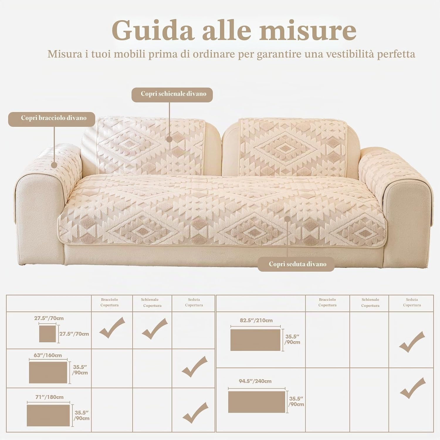 Detalle de WEYOND Copridivano Antiscivolo in Morbido Pile Lavabile 90 x 210 cm Beige – Protezione universale per 2/3/4 posti