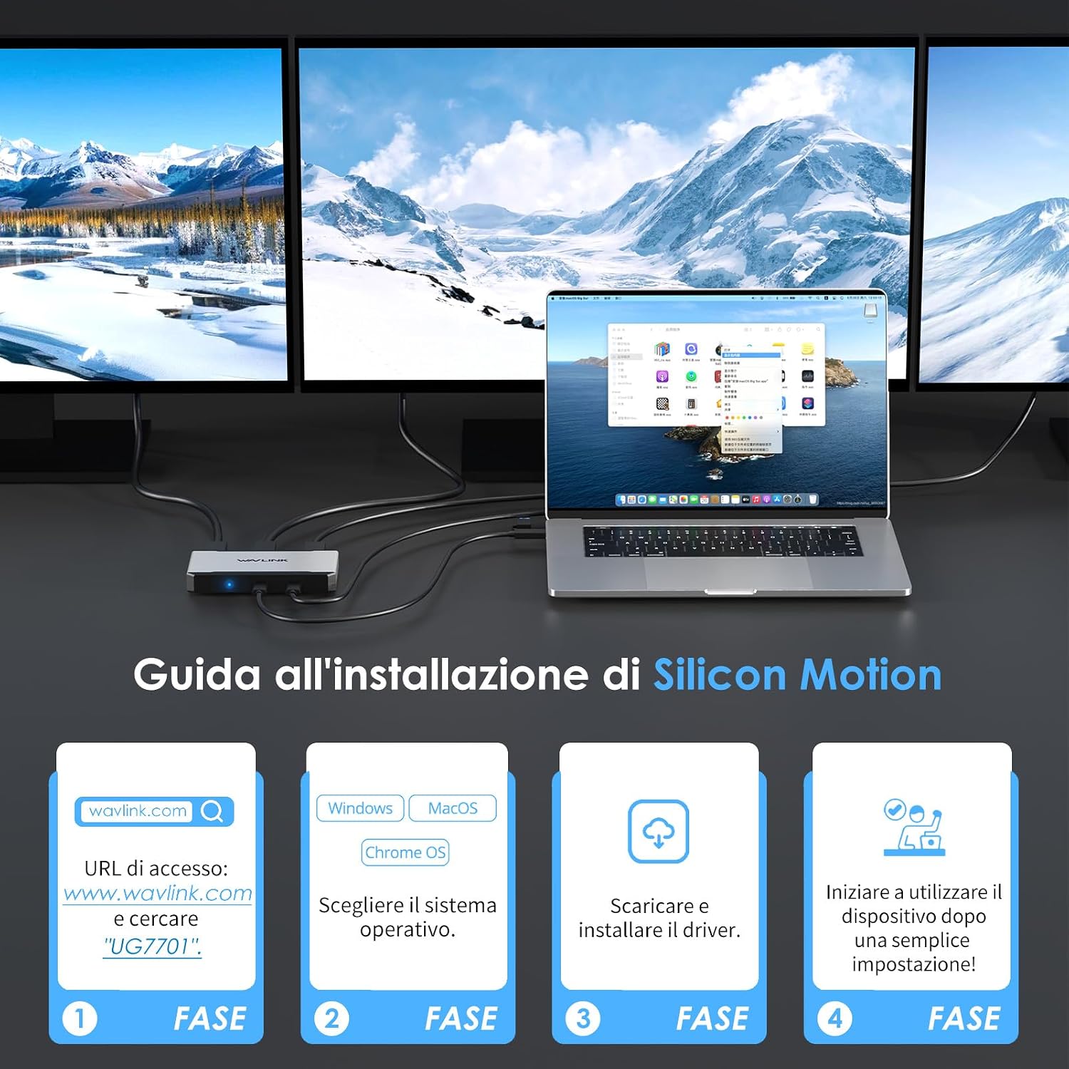 Thumbnail 4 de WAVLINK Docking station per 3 monitor 4K su macOS (M1/M2/M3/M4) con 3 HDMI e 2 DP, USB-C/USB-A e PD 100W