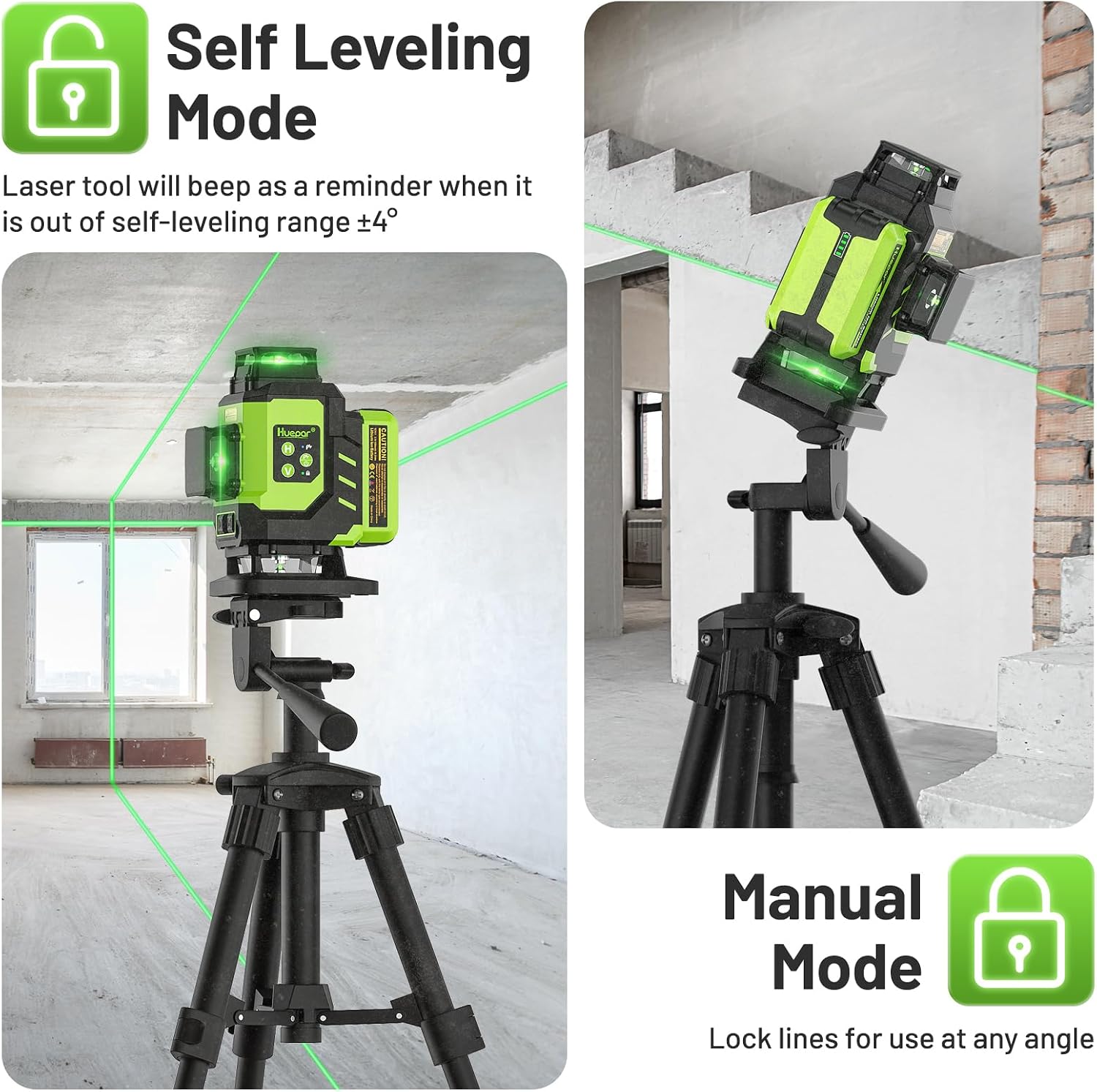Detalle 1 de Huepar LS04CG 4x360° Green Laser Level with Self-Leveling and Dual Batteries