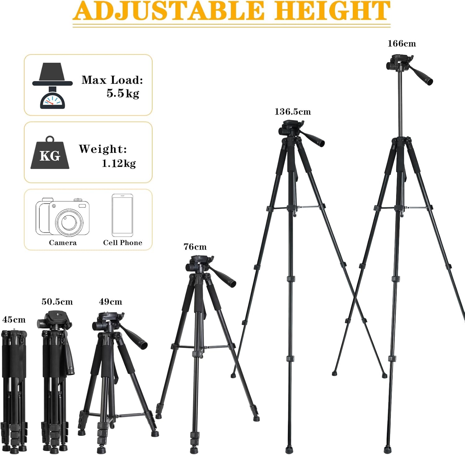 Detalle de LINKCOOL Camera Tripod for Canon, Nikon and Sony – 65" Aluminium Stand with Detachable Head
