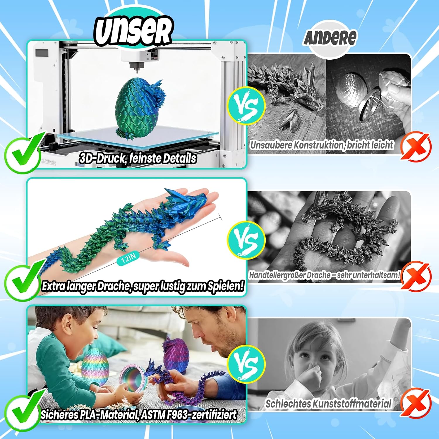 Thumbnail 1 de 3D Drache (29 cm) – Bruchsicheres Drachenei mit Upgrade-Gelenken, Laser-Grün, umweltfreundliches Material