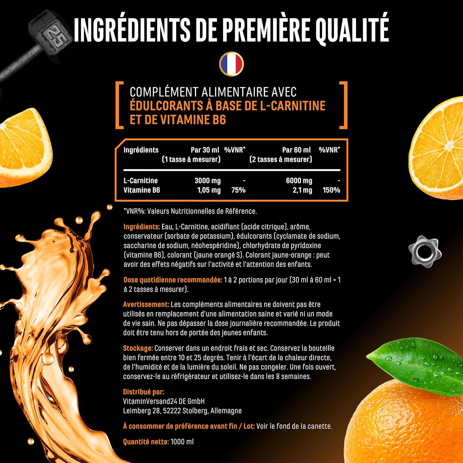 Detalle 1 de L-Carnitine 6000 Liquid 1000 ml goût Orange Power